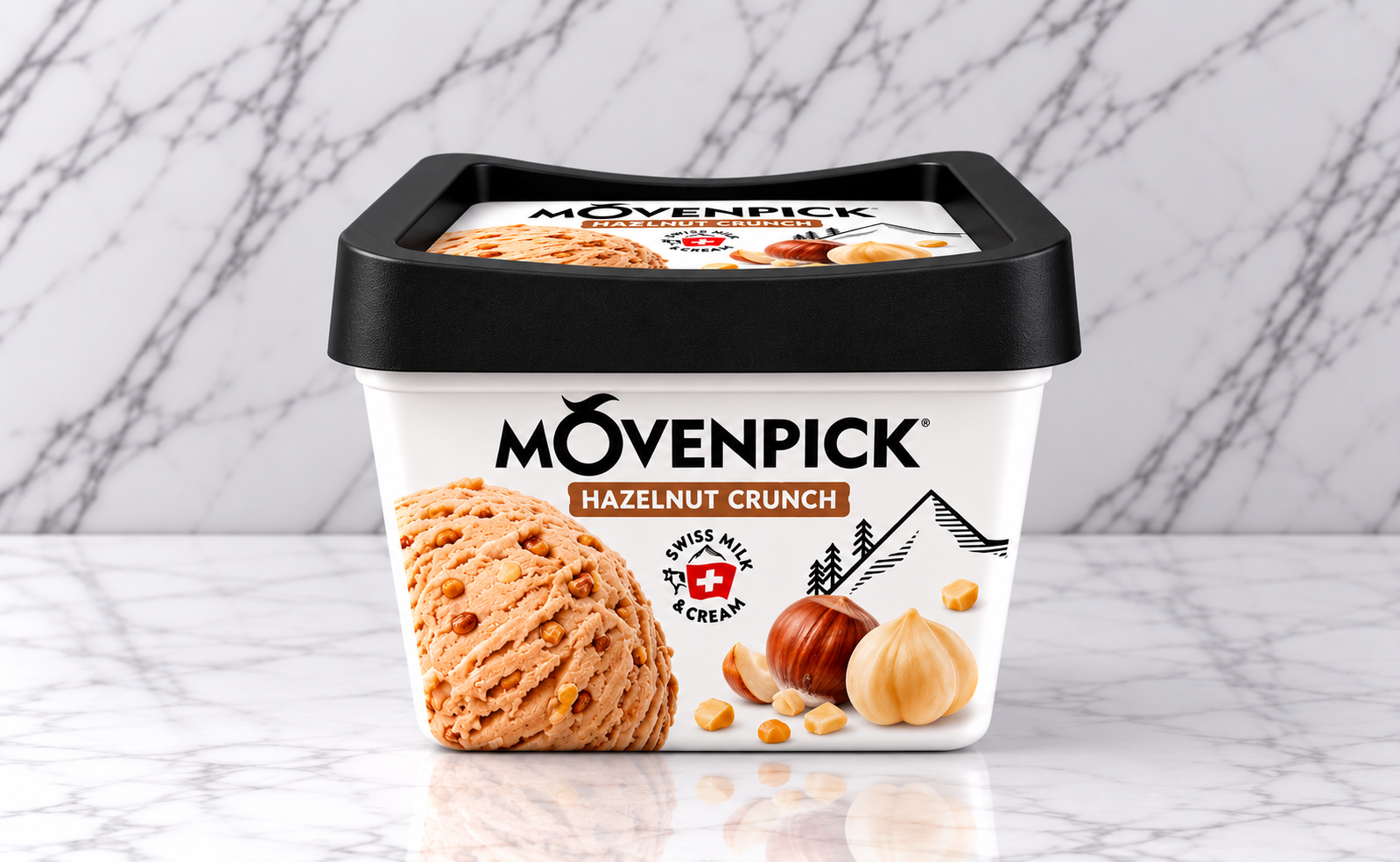 Helado Mövenpick Hazelnut Crunch sobre mármol