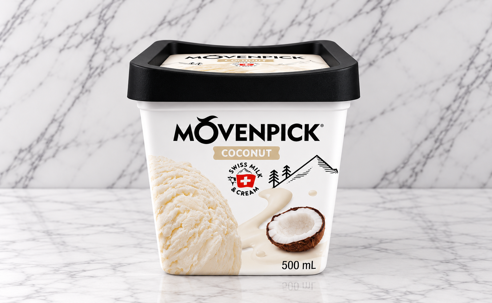 Helado de coco Mövenpick sobre mármol